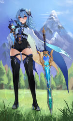 Rule 34 | 1girl, 82jhin, absurdres, black gloves, black shorts, black thighhighs, blue hair, blue hairband, blush, breasts, commentary request, eula (genshin impact), full body, genshin impact, gloves, grass, hairband, high-waist shorts, highres, korean commentary, long hair, long sleeves, medium breasts, mountain, parted lips, planted, planted sword, planted weapon, shirt, shorts, skindentation, solo, song of broken pines (genshin impact), standing, sword, thighhighs, thighs, tree, weapon, white shirt, wide sleeves