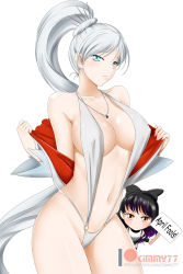 Rule 34 | 2girls, animal ears, april fools, bare shoulders, bikini, black hair, blake belladonna, blue eyes, blush, bow, breasts, cat ears, cleavage, collarbone, english text, groin, hair bow, highres, jewelry, kimmy77, large breasts, long hair, looking at viewer, multiple girls, navel, necklace, o-ring, o-ring bikini, o-ring bottom, patreon logo, pendant, ponytail, rwby, simple background, slingshot swimsuit, swimsuit, thighs, watermark, web address, weiss schnee, white background, white hair, yellow eyes