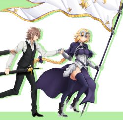 Rule 34 | 1boy, 1girl, absurdres, ahoge, armor, armored boots, armored dress, black footwear, black pants, black thighhighs, blonde hair, boots, braid, breasts, capelet, chain, cloak, commentary, fate/apocrypha, fate (series), garter straps, gauntlets, hair ornament, hair ribbon, headpiece, hetero, highres, holding, holding hands, holding sword, holding weapon, jeanne d&#039;arc (fate), jeanne d&#039;arc (ruler) (fate), long braid, long hair, long sleeves, looking at another, looking at viewer, looking back, medium breasts, pants, purple capelet, purple cloak, purple eyes, purple ribbon, purple thighhighs, red eyes, ribbon, scabbard, sheath, shirt, shoes, short hair, sieg (fate), single braid, standard bearer, standing, sword, thighhighs, thighhighs under boots, thighs, very long hair, waist cape, waistcoat, weapon, white shirt, yaobin yang