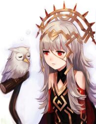 Rule 34 | 1girl, bare shoulders, bird, black dress, blunt bangs, crown, dress, expressionless, feh (fire emblem heroes), fire emblem, fire emblem heroes, grey hair, long hair, looking at another, nintendo, owl, red eyes, sha (isago), sidelocks, upper body, veronica (fire emblem), white background