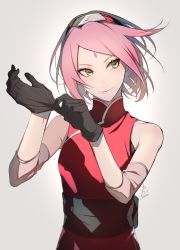 Rule 34 | 1girl, 2017, adjusting clothes, adjusting gloves, artist request, bad id, bad pixiv id, black gloves, dated, facial mark, floating hair, gloves, green eyes, grey background, haruno sakura, head tilt, headband, looking away, naruto, naruto (series), pink hair, short hair, signature, simple background, sleeveless, smile, solo, upper body