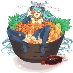 Rule 34 | 1girl, aqua eyes, aqua hair, bad id, bad pixiv id, blue eyes, bowl, breasts, detached sleeves, fish, fish (food), food, fruit, hatsune miku, heysho, ikura (food), in bowl, in container, in food, long hair, mini person, minigirl, nipples, nude, oekaki, one eye closed, orange (fruit), roe, simple background, sitting, small breasts, smile, solo, thighhighs, twintails, very long hair, vocaloid, white background, wink