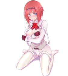 Rule 34 | 1girl, ark royal (kancolle), artist request, blue eyes, bob cut, breasts, breasts out, covering one breast, covering privates, female focus, from above, kantai collection, nipples, no shoes, pantyhose, pantyhose under shorts, red hair, short hair, shorts, simple background, sitting, solo, white background, white pantyhose