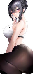 Rule 34 | 1girl, arm between legs, bare shoulders, black hair, blush, breasts, closed mouth, curvy, earrings, hair between eyes, hair bun, hand on own cheek, hand on own face, highres, jewelry, large breasts, leggings, looking at viewer, nape, nike (company), original, pants, pavi, product placement, purple eyes, sideboob, sidelocks, simple background, solo, sports bra, sportswear, squatting, tight clothes, tight pants, towel, white background