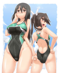 Rule 34 | &gt;:d, 10s, 2girls, :d, adjusting swimsuit, ass, black hair, breasts, brown eyes, chikuma (kancolle), competition swimsuit, flying sweatdrops, highleg, highleg swimsuit, highres, kantai collection, large breasts, long hair, looking at viewer, looking back, multiple girls, one-piece swimsuit, open mouth, smile, swimsuit, tone (kancolle), v-shaped eyebrows, wide hips, yoshi tama