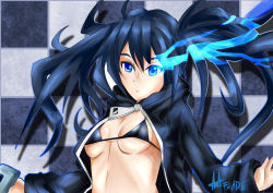 Rule 34 | 10s, 1girl, absurdres, ade-nyungsep, artist name, bikini, bikini top only, black hair, black rock shooter, black rock shooter (character), blue eyes, breasts, glowing, glowing eye, highres, jacket, long hair, open clothes, open jacket, solo, swimsuit, twintails