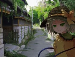 Rule 34 | 1girl, alley, arano oki, black hat, blouse, bow, colored eyelashes, frilled shirt collar, frills, green eyes, green hair, hat, hat bow, komeiji koishi, looking back, matching hair/eyes, overgrown, photo background, power lines, scenery, shade, shirt, smile, solo, sun hat, third-party edit, touhou