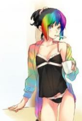 Rule 34 | artist request, black panties, character request, copyright request, cup, lowres, multicolored hair, multicolored shirt, negligee, panties, ponytail, rainbow, short hair, source request, tagme, toothbrush, underwear