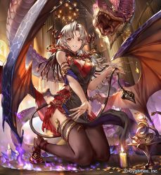 Rule 34 | 1girl, 77gl, armlet, aura, blush, breasts, candlestand, capelet, chandelier, cleavage, demon girl, demon horns, demon tail, demon wings, dress, fire, floating hair, gold trim, grey hair, grin, head wings, holding tail, horns, indoors, large breasts, long hair, looking at viewer, official art, pelvic curtain, pointy ears, red dress, red eyes, shadowverse, shoes, sidelocks, smile, tail, thighhighs, watermark, wind, wings, wyrm