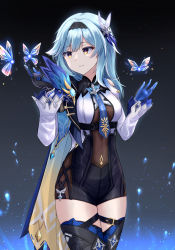 Rule 34 | 1girl, absurdres, black gloves, black hairband, black leotard, black thighhighs, blue cape, blue hair, blue necktie, blush, breasts, bug, butterfly, cape, eula (genshin impact), genshin impact, gloves, hair ornament, hairband, hamu (hvmzld123), highres, insect, large breasts, leotard, long sleeves, medium hair, necktie, sidelocks, smile, solo, thighhighs, thighs, yellow eyes
