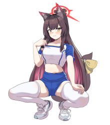 Rule 34 | 1girl, absurdres, alternate costume, animal ear fluff, animal ears, black hair, blue archive, blue buruma, blush, buruma, collarbone, colored inner hair, fox ears, fox tail, full body, gym shirt, gym uniform, halo, highres, long hair, multicolored hair, open mouth, pangtanto, red hair, red halo, shirt, shoes, short sleeves, simple background, smile, sneakers, solo, squatting, tail, thighhighs, wakamo (blue archive), white background, white footwear, white shirt, white thighhighs, yellow eyes