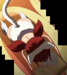 Rule 34 | 1girl, animal ears, ass, book, erza scarlet, fairy tail, fake animal ears, gloves, highres, kittysuit, nontraditional playboy bunny, open book, paw gloves, paws, reading, red hair, screencap, short twintails, stitched, tail, tattoo, third-party edit, twintails