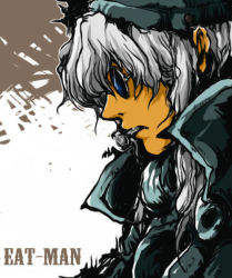 Rule 34 | 1boy, bluerikudo, bolt (hardware), bolt crank, coat, commentary request, copyright name, eat-man, glasses, grey coat, grey hair, grey hat, hair between eyes, hat, long hair, male focus, mouth hold, round eyewear, solo, upper body