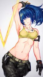 Rule 34 | 1girl, belt, black gloves, blue eyes, blue hair, breasts, cleavage, dog tags, gloves, labombardier!, leona heidern, matching hair/eyes, midriff, navel, ponytail, solo, sports bra, the king of fighters, the king of fighters xiv