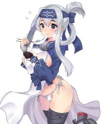 Rule 34 | 1girl, ainu clothes, black thighhighs, blue eyes, blush, bowl, breasts, chopsticks, eating, flying sweatdrops, food, fundoshi, hair rings, headband, highres, holding, holding bowl, japanese clothes, kamoi (kancolle), kantai collection, large breasts, leg up, long hair, long sleeves, mochi, pelvic curtain, revealing clothes, ribbon, sarfata, shiny skin, sidelocks, silver hair, simple background, solo, standing, standing on one leg, sweat, tabard, tareme, thighhighs, wagashi, white background, white ribbon