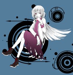 Rule 34 | 1girl, cross-laced footwear, invisible chair, jacket, kishin sagume, long sleeves, looking at viewer, red eyes, shirt, shoes, single wing, sitting, skirt, solo, tadano kagekichi, touhou, white hair, wings