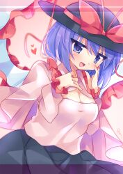 Rule 34 | 1girl, :d, black hat, black skirt, blue eyes, blue hair, bow, breasts, capelet, cleavage, commentary request, hat, hat bow, heart, highres, kujou mikuru, long sleeves, looking at viewer, medium breasts, nagae iku, one-hour drawing challenge, open mouth, red bow, shawl, shirt, short sleeves, skirt, smile, solo, touhou, white capelet, white shirt