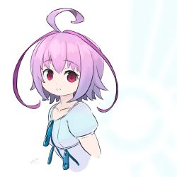 Rule 34 | 1girl, ahoge, bad id, bad twitter id, blue background, blue dress, commentary request, copyright request, dress, looking at viewer, parted lips, puffy short sleeves, puffy sleeves, purple hair, red eyes, reiesu (reis), short sleeves, smile, solo, upper body, white background, zipper