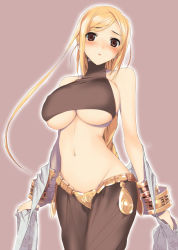 Rule 34 | 1girl, agrias oaks, bad id, bad pixiv id, bare shoulders, blonde hair, blush, bracelet, breasts, class change, cowboy shot, dancer (fft), final fantasy, final fantasy tactics, groin, jewelry, large breasts, looking at viewer, midriff, navel, shawl, sideboob, solo, standing, ui (kirin), underboob