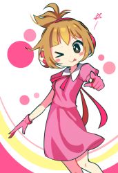 Rule 34 | 1girl, absurdres, brown eyes, brown hair, dress, gloves, headphones, highres, looking at viewer, multicolored background, nintendo, offbeat, one eye closed, pink dress, pink gloves, pointing, pointing at viewer, polka dot, polka dot background, ponytail, red ribbon, ribbon, sal-out, short ponytail, spoken star, star (symbol), tongue, tongue out, warioware, wink
