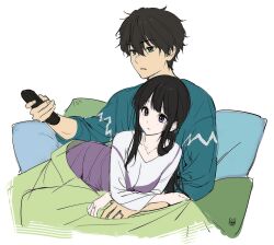Rule 34 | 1girl, alternate costume, artist logo, black hair, breasts, chitanda eru, closed mouth, collarbone, controller, highres, holding, holding remote control, hyouka, jewelry, large breasts, long hair, long sleeves, lying, mery (yangmalgage), necklace, on lap, open mouth, oreki houtarou, pillow, purple eyes, remote control, ring, school uniform, short hair, sitting, white background