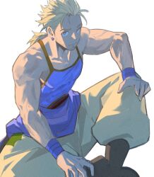 Rule 34 | 1boy, bare shoulders, blonde hair, blue eyes, blue tank top, blue wrist cuffs, boots, earrings, facial hair, final fantasy, final fantasy vi, garbage paper, highres, jewelry, male focus, muscular, muscular male, pants, ponytail, sabin rene figaro, sitting, tank top, waist sash, white background, wrist cuffs, yellow pupils