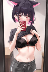 Rule 34 | 1girl, animal ears, black bra, black hair, black shirt, black shorts, blue archive, blush, bra, breasts, cat ears, cellphone, cleavage, colored inner hair, dolphin shorts, extra ears, hair ornament, hairclip, halo, highres, holding, holding phone, indoors, kazusa (blue archive), large breasts, looking at viewer, marisasu (marisa0904), mirror, mirror image, multicolored hair, navel, phone, pink hair, pink halo, red eyes, shirt, short hair, short sleeves, shorts, smartphone, solo, underwear