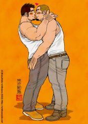 Rule 34 | 2boys, arm hair, bara, bare arms, bare shoulders, black eyes, black hair, blonde hair, blush, brown hair, casual, couple, eye contact, facial hair, from side, goatee, hand on another&#039;s neck, heart, hug, ichikawa kazuhide, imminent kiss, looking at another, male focus, multicolored hair, multiple boys, muscular, noses touching, original, short hair, sideburns, smile, tank top, thick thighs, thighs, two-tone hair, white tank top, yaoi