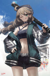 Rule 34 | 1girl, ;q, absurdres, ahoge, arknights, artist name, baseball bat, black hat, black shorts, braid, character name, crop top, cuora (arknights), franlol, green eyes, green jacket, hand on own hip, hat, highres, holding, holding baseball bat, jacket, long hair, long sleeves, looking at viewer, midriff, navel, one eye closed, open clothes, open jacket, short shorts, shorts, smile, solo, tongue, tongue out