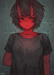 Rule 34 | 1girl, arm behind back, black hair, black shirt, blush, closed mouth, colored skin, horns, kidouko (zakusi), looking at viewer, oni, orange eyes, original, red oni, red skin, shirt, short hair, short sleeves, signature, solo, symbol-only commentary, upper body, zakusi