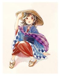 Rule 34 | 1girl, ajirogasa, alternate costume, artist name, black hair, blush, bow, chin strap, cone horns, full body, grey horns, hat, horns, imokichi, japanese clothes, kijin seija, kimono, long sleeves, looking at viewer, multicolored hair, obi, red eyes, red hair, sandals, sash, short hair, simple background, sitting, smile, solo, striped horns, toeless legwear, tongue, tongue out, touhou, white hair, wide sleeves