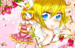 Rule 34 | 1boy, 1girl, bad id, bad pixiv id, blonde hair, blue eyes, brother and sister, flower, food, fruit, highres, kagamine len, kagamine rin, ribbon, short hair, siblings, smile, sorakase sawa, strawberry, strawberry blossoms, twins, vocaloid
