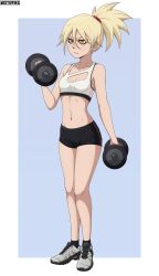 Rule 34 | 1girl, absurdres, black shorts, bleach, blonde hair, blush, breasts, closed mouth, collarbone, dumbbell, fang, freckles, full body, gym shorts, highres, mistowing, navel, ponytail, sarugaki hiyori, short hair, shorts, simple background, small breasts, solo, sports bra, white sports bra, yellow eyes