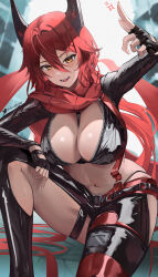 Rule 34 | 1girl, absurdres, black gloves, black jacket, black pants, breasts, cleavage, clothing cutout, commentary, cropped jacket, elvandec, fang, finger gun, fingerless gloves, foot up, gloves, goddess of victory: nikke, hair between eyes, highres, horns, jacket, large breasts, latex, long bangs, long hair, long sleeves, looking at viewer, mechanical horns, midriff, navel, open mouth, orange eyes, pants, red hair, red hood (nikke), red scarf, scarf, smile, solo, thigh cutout, tsurime, twitter logo, twitter username, unzipped
