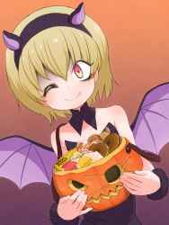 Rule 34 | 1girl, bare shoulders, blonde hair, blush, candy, closed mouth, demon horns, demon wings, fake horns, fang, food, gradient background, halloween, halloween costume, highres, horns, jack-o&#039;-lantern, jashin-chan dropkick, looking at viewer, one eye closed, orange background, pekora (jashin-chan dropkick), pumpkin, sat-c, shiny skin, short hair, simple background, smile, solo, wings