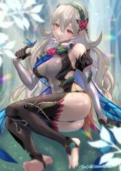 Rule 34 | 1girl, ass, bare shoulders, black gloves, black panties, black thighhighs, blonde hair, blurry, breasts, bug, butterfly, corrin (female) (fire emblem), corrin (fire emblem), covered navel, depth of field, dress, elbow gloves, fire emblem, fire emblem fates, fire emblem heroes, flower, gloves, hair flower, hair ornament, hairband, insect, large breasts, long hair, looking at animal, nintendo, official alternate costume, panties, panty straps, pointy ears, red eyes, see-through, sleeveless, sleeveless dress, sleeveless turtleneck, slit pupils, smile, snow20200, solo, stirrup legwear, thighhighs, toeless legwear, turtleneck, turtleneck dress, twitter username, underwear