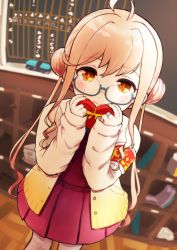 Rule 34 | 1girl, ahoge, armband, blush, box, brown eyes, candy, chalkboard, chocolate, chocolate heart, double bun, dress, food, gift, gift box, glasses, hair bun, heart, holding, holding gift, indoors, jacket, jewelry, kantai collection, long hair, long sleeves, looking at viewer, makigumo (kancolle), pink hair, purple dress, ring, sidelocks, solo, someno haru, twintails, twitter username, valentine
