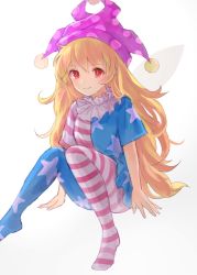 Rule 34 | 1girl, american flag dress, american flag legwear, bad id, bad pixiv id, blonde hair, clownpiece, dress, fairy wings, hat, jester cap, long hair, looking at viewer, neck ruff, no shoes, okakan, pantyhose, polka dot headwear, pom pom (clothes), purple hat, red eyes, short sleeves, simple background, sitting, smile, solo, star (symbol), striped clothes, striped dress, striped pantyhose, touhou, very long hair, wavy hair, white background, wings