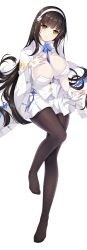 Rule 34 | 1girl, between breasts, black pantyhose, blouse, blue neckwear, breasts, brown hair, cleavage, coat, fingerless gloves, flower, full body, girls&#039; frontline, gloves, hairband, invisible chair, large breasts, loading (verjuice), long hair, looking at viewer, miniskirt, pantyhose, pleated skirt, shirt, sitting, skirt, smile, solo, straight hair, transparent background, type 95 (girls&#039; frontline), white coat, white gloves, white shirt, white skirt, yellow eyes