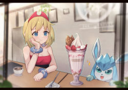 Rule 34 | 1girl, :3, bare shoulders, blonde hair, blue eyes, blush, breasts, cafe, cleavage, closed mouth, commentary, counter, creatures (company), elbow rest, eyebrows hidden by hair, food, fruit, game freak, gen 4 pokemon, glaceon, hairband, ice cream, irida (pokemon), jewelry, looking at food, neck ring, nintendo, poke ball, pokemon, pokemon (creature), pokemon legends: arceus, red shirt, scrunchie, shirt, short hair, sitting, smile, spoon, strapless, strawberry, sundae, symbol-only commentary, tareme, through window, tube top, uneg, window, wrist scrunchie