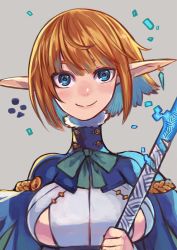 Rule 34 | 1girl, aiguillette, aqua bow, blonde hair, blue capelet, blue eyes, blue pupils, bob cut, bow, breasts, buttons, capelet, closed mouth, earrings, elf, fur collar, grey background, highres, holding, holding staff, jewelry, large breasts, looking at viewer, original, pointy ears, ringed eyes, rumie, simple background, single earring, smile, solo, split mouth, staff, turtleneck