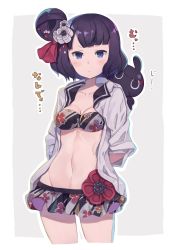 Rule 34 | 1girl, arms behind back, bikini, bikini skirt, bikini under clothes, blue eyes, blush, breasts, collarbone, commentary request, cowboy shot, fate/grand order, fate (series), floral print, flower, frown, groin, hair bun, hair ornament, hair ribbon, katsushika hokusai (fate), katsushika hokusai (painting summer) (fate), long sleeves, looking at viewer, medium breasts, navel, octopus, official alternate costume, open clothes, open shirt, purple hair, ribbon, short hair, single hair bun, solo, standing, swimsuit, tokitarou (fate), totatokeke, two-tone background