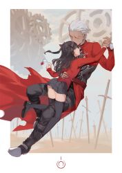 Rule 34 | 1boy, 1girl, 3four, archer (fate), black footwear, black hair, black pants, black skirt, black thighhighs, boots, cape, closed eyes, dark-skinned male, dark skin, fate/stay night, fate (series), field of blades, fingernails, gears, hetero, holding, holding hands, hug, jacket, jewelry, long sleeves, looking at another, pants, pendant, planted, planted sword, planted weapon, pleated skirt, red cape, red shirt, shirt, shoes, silver hair, skirt, sword, thighhighs, tohsaka rin, unlimited blade works (fate), waist cape, weapon