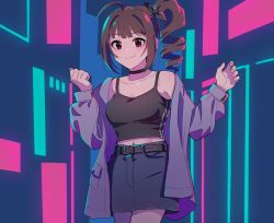Rule 34 | 1girl, ahoge, aqua background, backlighting, belt, belt buckle, black bow, black choker, black tank top, blue background, blue shorts, bow, breasts, brown hair, buckle, choker, cleavage, closed mouth, collarbone, cowboy shot, drill hair, fingernails, grey jacket, hair bow, hands up, idolmaster, idolmaster million live!, jacket, kamille (vcx68), long sleeves, looking at viewer, medium breasts, midriff peek, multicolored background, nail polish, navel, neon lights, off shoulder, open clothes, open jacket, pink background, pink nails, pocket, red eyes, short hair, shorts, side ponytail, sidelocks, single bare shoulder, smile, solo, standing, tank top, yokoyama nao