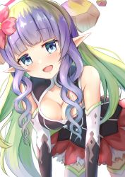 Rule 34 | 1girl, ameth (princess connect!), backlighting, blue eyes, blush, breasts, cleavage, commentary, drill hair, drill sidelocks, elbow gloves, flower, gloves, green hair, hair flower, hair ornament, highres, i tamima, long hair, looking at viewer, medium breasts, multicolored hair, pointy ears, princess connect!, purple hair, sidelocks, solo, torn clothes, two-tone hair, white background