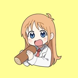 Rule 34 | 1girl, blue eyes, blush, bread, coat, collared shirt, ebifried, food, holding, holding food, lab coat, long hair, long sleeves, looking at viewer, necktie, nichijou, open mouth, orange hair, professor shinonome, red necktie, shirt, simple background, solo, upper body, white coat, white shirt, yellow background
