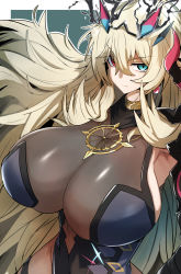 Rule 34 | 1girl, armor, bare shoulders, black dress, blonde hair, blue eyes, breasts, brown pantyhose, dress, earrings, barghest (fate), barghest (second ascension) (fate), fate/grand order, fate (series), gauntlets, gin moku, heterochromia, highres, horns, jewelry, large breasts, long hair, looking at viewer, necklace, pantyhose, pauldrons, red eyes, shoulder armor, sideboob, single gauntlet, single pauldron, solo