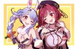 Rule 34 | 2girls, ;d, animal ears, blue hair, blush, blush stickers, breasts, button gap, collared shirt, detached sleeves, don-chan (usada pekora), dress, empire waist, ena1215, extra ears, eye contact, highres, hololive, houshou marine, houshou marine (businesswoman), id card, lanyard, long hair, looking at another, multicolored hair, multiple girls, one eye closed, open mouth, partially unbuttoned, puffy detached sleeves, puffy sleeves, rabbit-shaped pupils, rabbit ears, red eyes, red hair, shirt, short eyebrows, short hair, sleeveless, sleeveless shirt, small breasts, smile, strapless, strapless dress, swept bangs, symbol-shaped pupils, thick eyebrows, two-tone hair, usada pekora, usada pekora (1st costume), virtual youtuber, white hair, white shirt, white sleeves