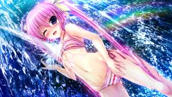 Rule 34 | 1girl, ;d, ahoge, bare shoulders, benifuzi yuria, bikini, blue eyes, blush, breasts, cameltoe, dutch angle, game cg, halterneck, highres, hip focus, long hair, multicolored bikini, multicolored clothes, multicolored stripes, navel, o-ring, o-ring top, one eye closed, open mouth, oshiki hitoshi, partially visible vulva, pink hair, rainbow, sakigake generation!, side-tie bikini bottom, small breasts, smile, solo, sparkle, string bikini, striped bikini, striped clothes, swimsuit, twintails, very long hair, water, wet, wink