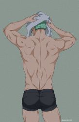 Rule 34 | 1boy, back, boxer briefs, cowboy shot, earrings, green hair, highres, jewelry, male focus, male underwear, muscular, one piece, pectorals, pinattsu, roronoa zoro, scar, scar on face, short hair, solo, thighs, toned, toned male, towel, underwear